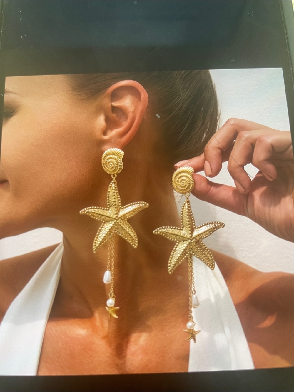 Gold Starfish Drop Earrings with Pearl Dangles